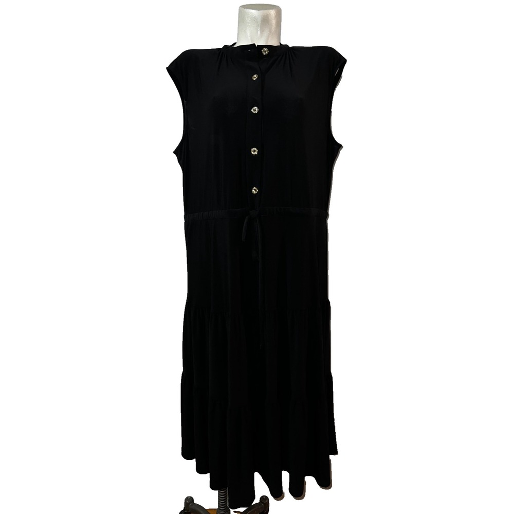 Anne Klein Black Sleeveless Tiered Midi Dress Button Front Size 16 NWT 10886785